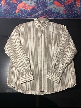 Men's Long-Sleeve Striped Dress Shirt — White & Brown